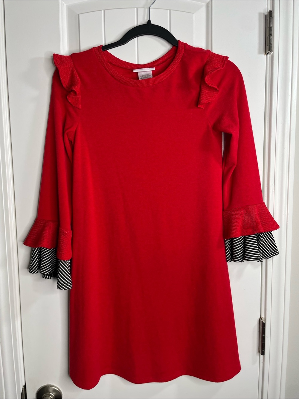 Bonnie Jean Red Ruffle-Sleeve Girls Dress with Striped Cuffs